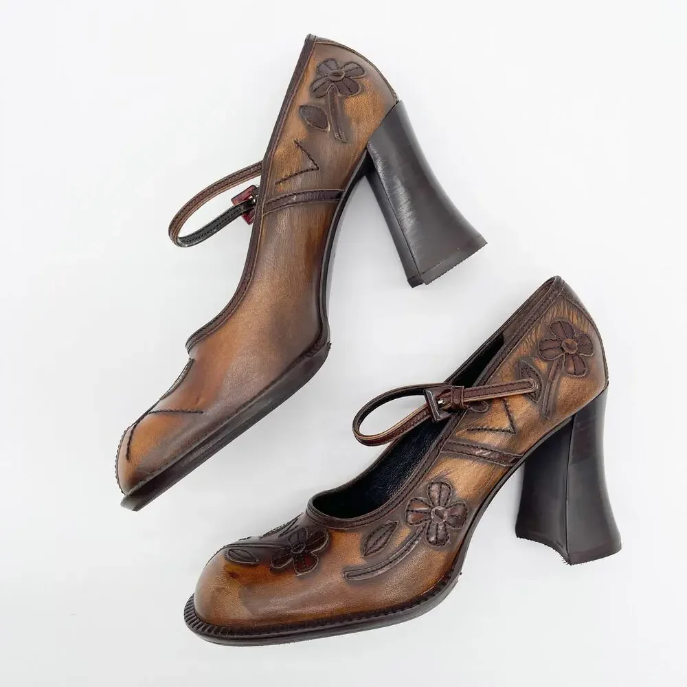 Prada Vintage 1996 Floral Appliqué Antiqued Leather Mary Jane Heels IT 38.5